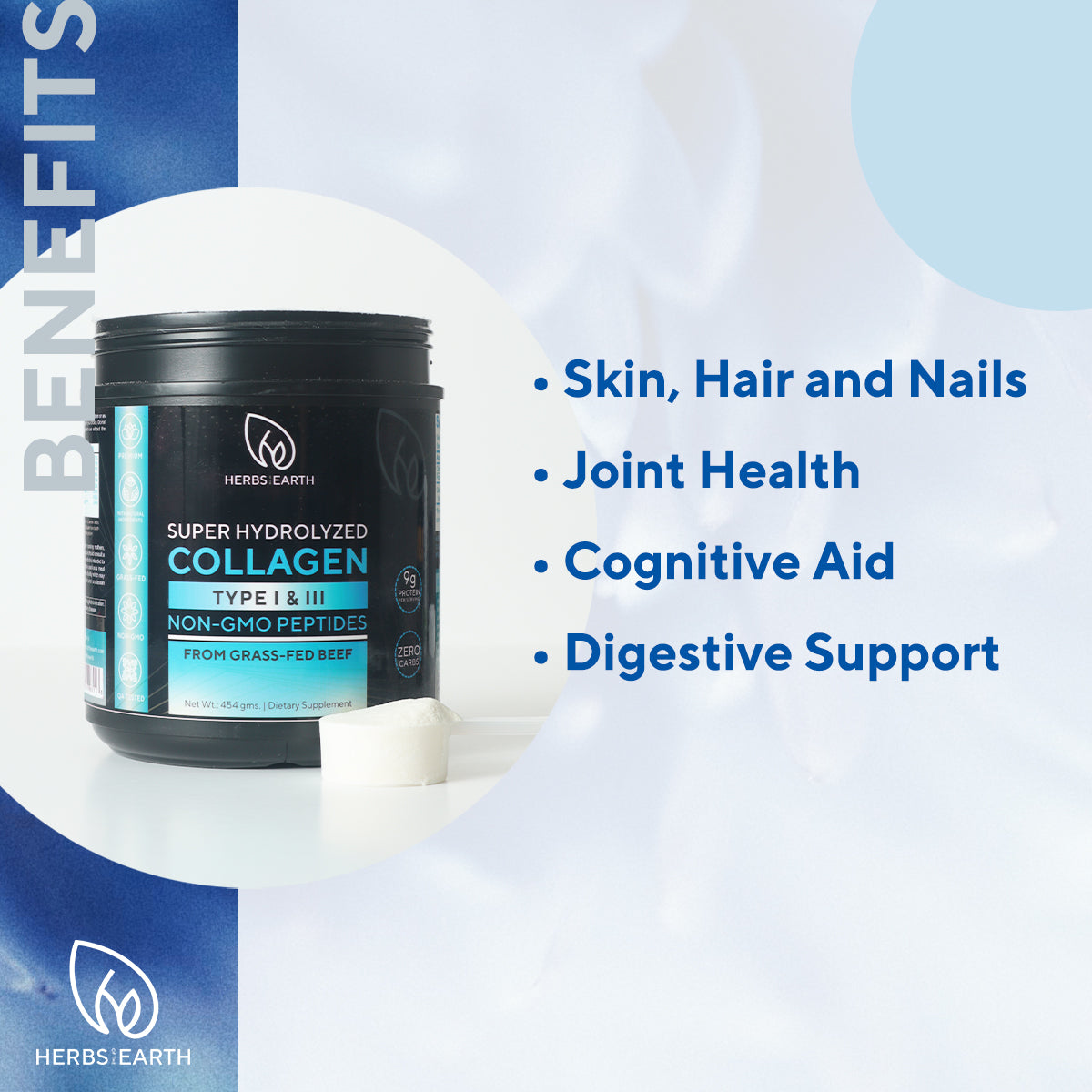Collagen Powder+Peptides 9g Protein, 454g jar