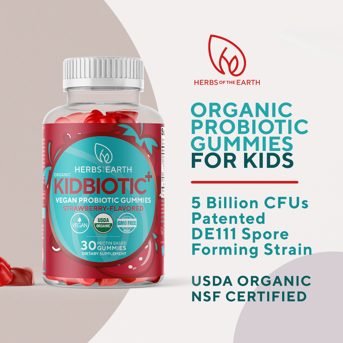 KIDBIOTIC+ Probiotics for Kids USDA Organic, Non-GMO, Vegan, Strawberry Flavor